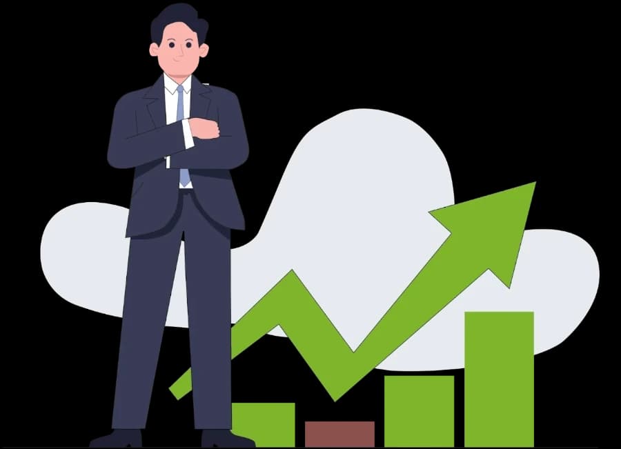 Man with revenue chart going up.