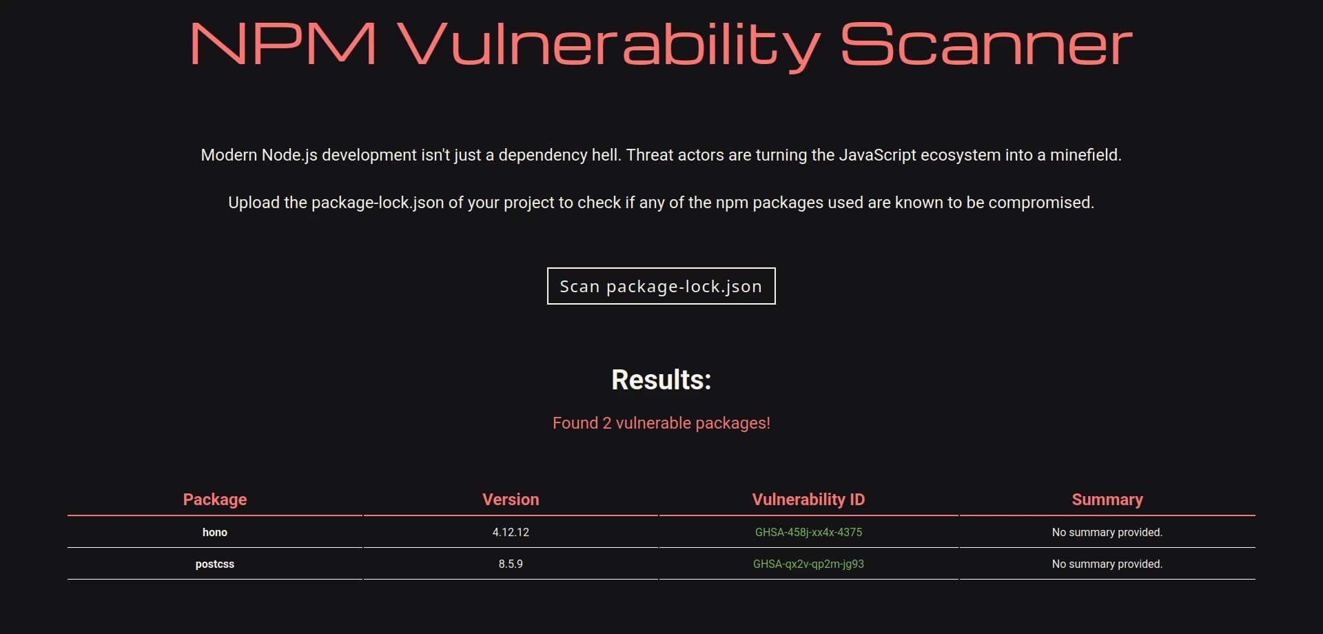 Εικόνα του ιστότοπου NPM Vulnerability Scanner.